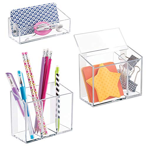 mDesign Plastic Self Adhesive Storage Organizer Pockets for School Locker, Dorm Room, Home Office, Kitchen, Bathroom Vanity Organization - for Pencils, Pens, Markers, Glasses - Set of 3 - Clear
