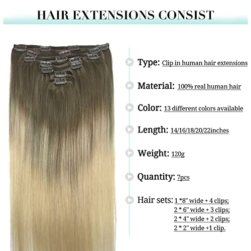 Clip In Hair Extensions Real Human Hair, Doores Ombre Ash Brown To Platinum Blonde Straight 120G 7Pcs 20 Inch Real Hair Extensions Clip In Human Hair Remy Natural Hair Extensions Straight #TOP2