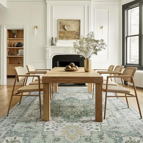 GENIMO 7'6''x9'6'' Area Rugs for Living Room, Machine Washable Non Slip Vintage Rugs, Low Pile Lightweight Chenille Print Rug for Bedroom, Dining Room, Home Office, Green