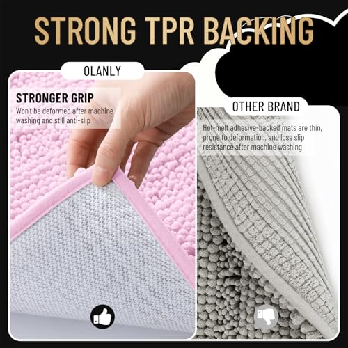 Image of OLANLY Thick Bathroom Runner Rugs 44x24, Extra Absorbent Chenille Striped Bath Rugs, Rubber Backing, Machine Wash Dry, Long Bath Mats for Bathroom Floor, Tub and Shower, Home Decor Accessories, Pink