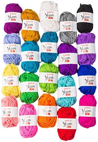 SUNTQ 100% Acrylic Yarn 20 Assorted Colors Skeins Bonbons Yarn for Crochet & Knitting Assorted Rainbow Variety Colored Assortment,0.35oz per Roll,7oz per Package