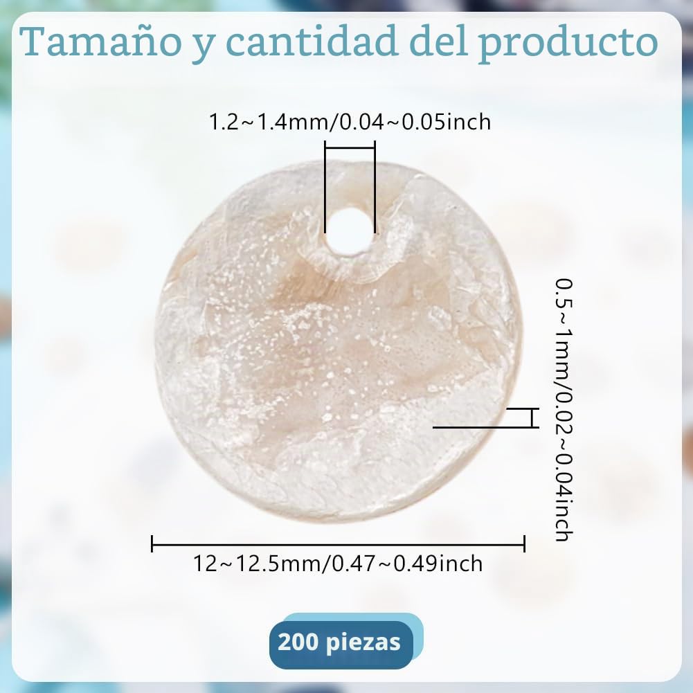 200 colgantes de concha redonda plana de 12-12,5 mm blancos, cuentas de nácar natural, para pendientes y collares, fabricación de joyas, diámetro: 1,2-1,4 mm