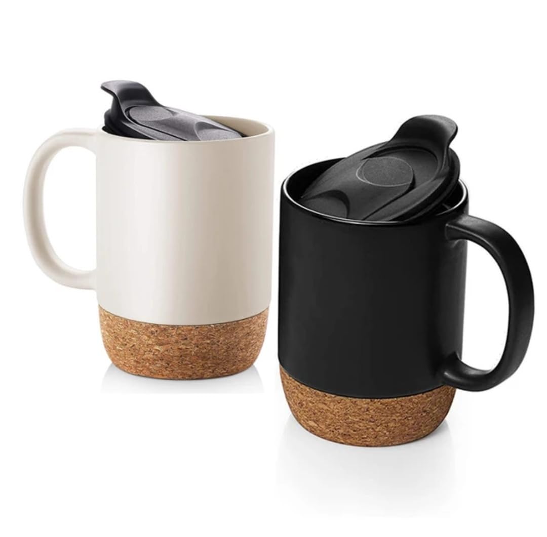 The Wandering Bean Cork Base Coffee Mug, Ceramic Mug with Insulated Cork Bottom and Spill Proof Lids, Tea Mug Gift Set for Women Men | White - Black