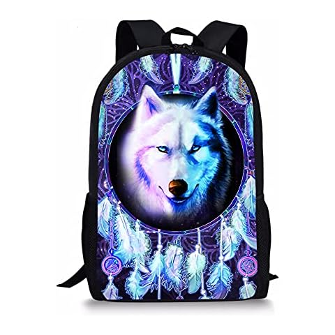 Binienty Wolf Dream Catcher Print Kids Fashion Shoulder Backpack for Boys Girls, Boho Style Lightweight Daypack School Bookbag Cover