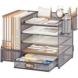 VITVITI Organizador de escritorio con archivador, organizador de escritorio de 5 niveles con 2 portabolígrafos, 2 bandejas para papeles y cajón para revistas, casa, escuela - Plata