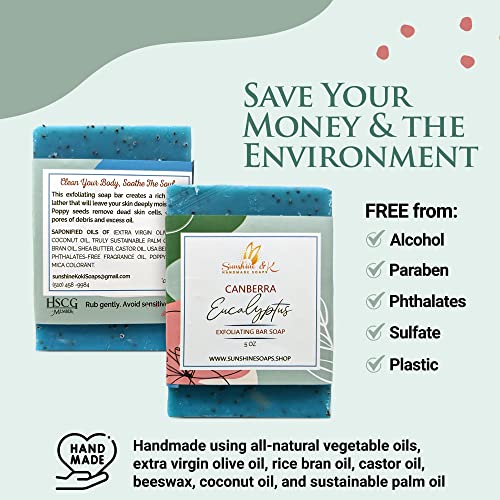 Sunshine & K Handmade Soaps - Exfoliating Soap, Bar Soap With Poppy Seeds & Shea Butter, Natural Base Oils Body Soap, Body Soap Bars With 6 Natural Base Oils, 5 Oz, Canberra Eucalyptus #TOP4