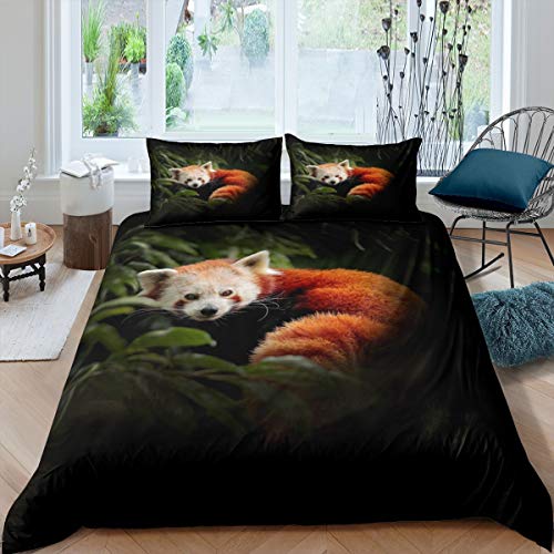 Raccoon Duvet Cover Red Panda Comforter Cover Tree Green Leaves Bedding Set For Kids Adults 3D Wild Animal Bedspread Cover Ultra Soft Room Decor Double Bedclothes Zipper