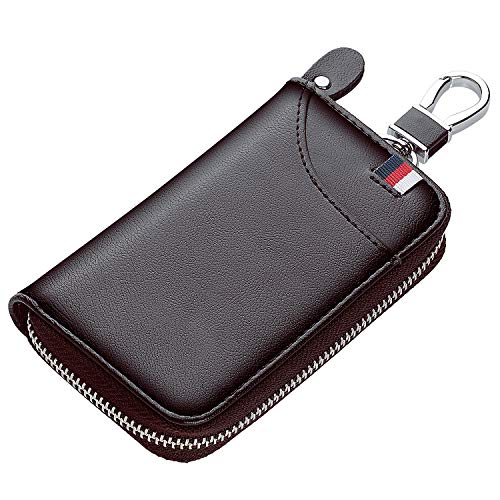 SAWDEGAN キーケース メンズ カードキーケース レザー スマートキーケース 車キーケース 6連 1つ外側ポケット カード入れ カラビナ付き ic カード入り 免許証 小銭 札入れ付き 大容量 (1)