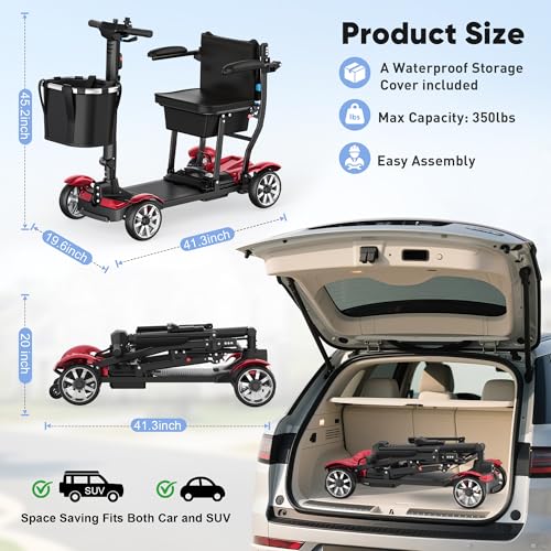 Image of 4 Wheels Mobility Scooters for Seniors,39LBS Light Frame&350LBS Capacity&30 Miles Travel Range&270W Brushless Motor Powered Wheelchair Folding Electric Scooter&LED Lights&Dust Cover&Auto Brake-(Red)