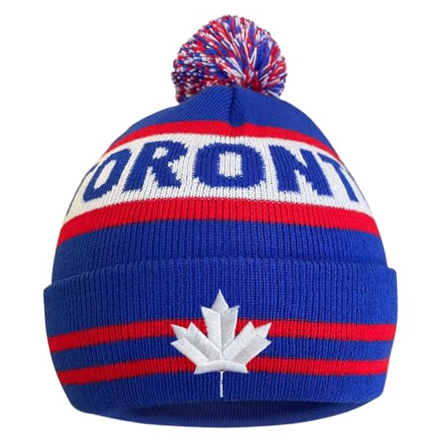Cayyon Canada City Sport Maple Leaf Embroidery Classic Pom Cuff Toronto Beanie Hat Cuffed Winter Soft Beanie Knit Pom Hat Cap Blue