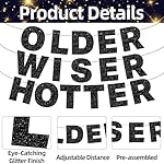 Black Glitter OLDER WISER HOTTER Banner Birthday Decorations, Pre-Strung Cardboard Letter Garland for Adult Birthday, Retirement Party Supplies, Funny 30th 40th 50th 60th 70th 80th Milestone Decor - Image 3