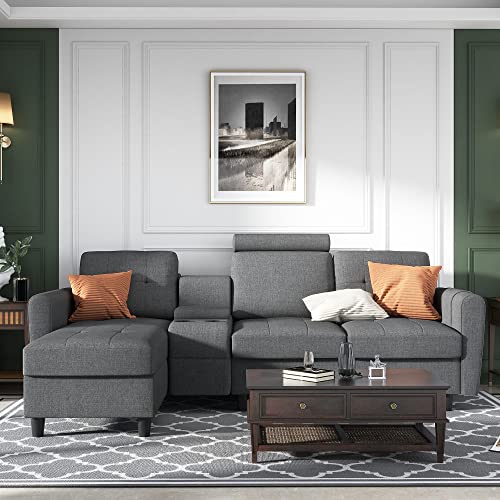 Honbay Reversible Sectional Sofa Couch Modern Upholstered L Shaped Sofa With Cup Holders & Storage Console, Left Or Right Side Chaise Sectional Sofa For Living Room Office, Grey #TOP1