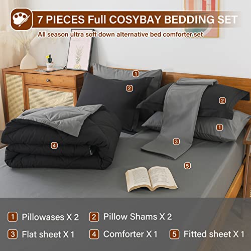 Cosybay Bed In A Bag Queen Reversible Comforter Sets 7Pcs All Season Down Alternative Bedding Sets Black And Grey With Comforter, Pillow Shams, Flat Sheet, Fitted Sheet And Pillowcase #TOP6