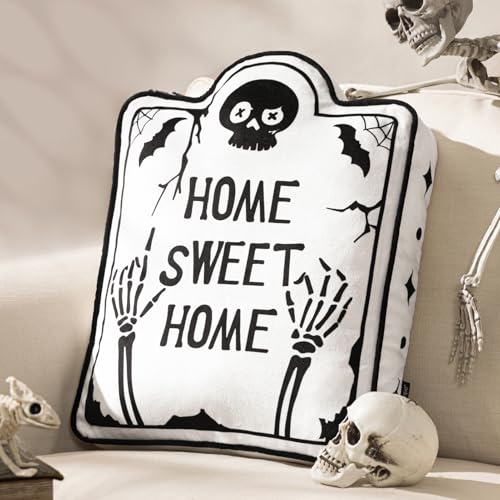 Phantoscope Happy Halloween Shaped Throw Pillow, Tombstone Shaped Pillow with Piping, 3D Soft Velvet Skull Halloween Pillow Decorative Cushion Pillow for Couch, White, 18 x 13.5 inch