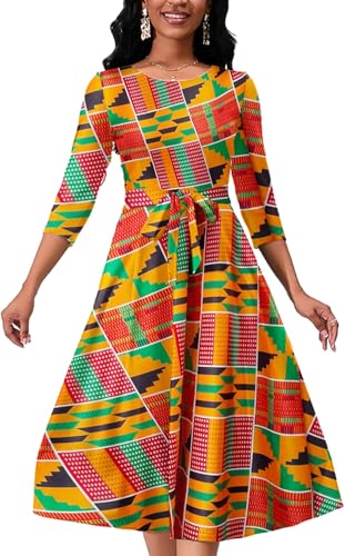 Image of PerZeal Bohemian African Print Dress Ethnic Festival Casual Summer Dress 3 /4 Sleeve Crewneck Cocktail Party Dresses with Belt Small