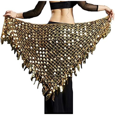 Lauthen.S Women Belly Dance Hip Scarf Sequins Mesh Triangle Wrap Skirt Waist Chain - Gold - Waist:26"/43" Cover