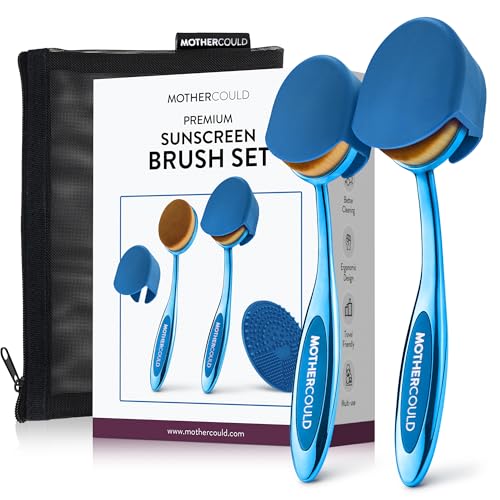 Mothercould Premium Sunscreen Brush Set Kids & Baby Sunblock Applicator with Metal Handles Travel Bag 2 Brushes 2 Caps & Cleaning Mat Mess-Free Sun Care (2 Pack) (Blue)