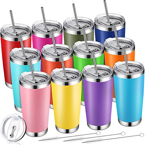 Mimorou 12 Pack Colorful Stainless Steel Tumblers Bulk 20 Oz Skinny Tumbler Cups With Lids, Straws Double Wall Vacuum Insulated Tumblers Stainless Steel Travel Cup For Party Hot Cold Drink,12 Colors #TOP13