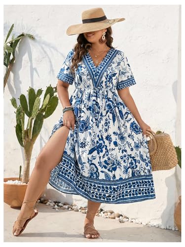 Image of Floerns Women's Plus Size Boho Hawaiian Tropical Dresses V Neck Short Sleeve Floral A Line Long Dress Vacation Beach Outfits