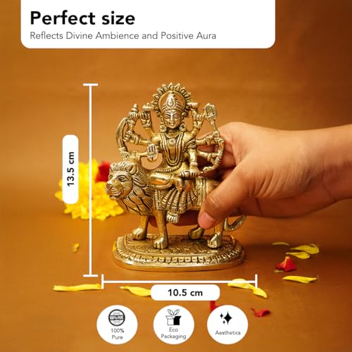 Image of Ekhasa 100% Pure Brass Durga Maa Idol (Size: 14 cm) | Durga MATA Murti for Home Decor & Puja Room | MATA Rani for Office Desk | Maa Durga for Gift | Sherawali Murti