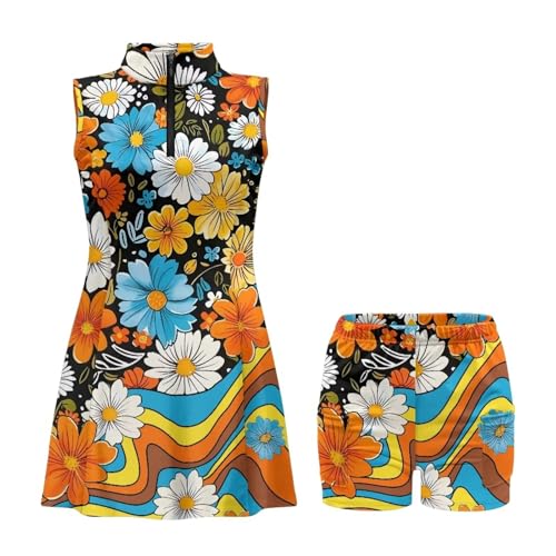 Xpyeesfuen Hippie Flower Women's Tennis Golf Dress with Shorts Outfit Sets Sleeveless 2 Pockets Athletic Sports Gym Workout Exercise Dresses