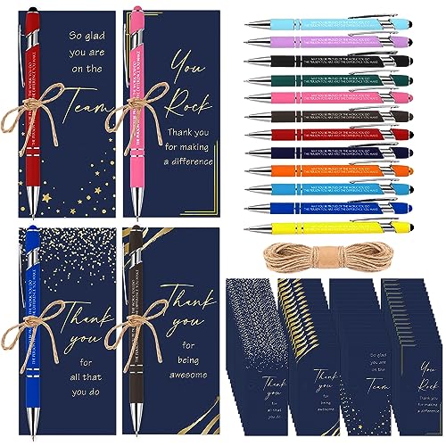 Qilery 24 Set Employee Appreciation Pens Gifts Black Ink Metal Inspirational Ballpoint Pen with Stylus Tip Colorful Motivational Quote with Thank You Card Rope for Coworker Team Teacher Staff