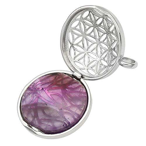 Tumbeelluwa Flower Of Life Locket Pendant Healing Crystal Necklace Hollow Stone Jewelry Unisex,Amethyst #TOP1