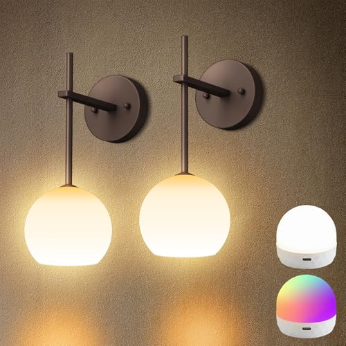 Image of Brown Battery Operated Wall Sconces Set of 2, Rechargeable Wireless Wall Lights with Milky White Frosted Glass, 12 RGB and 3CCT Dimmable Wall Lamps with Remote for Bedroom Living Room Hallway