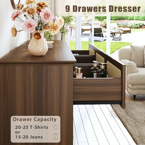 Image of HUAHUU 9 Drawer Dresser for Bedroom, 60 Inch Long Dressers & Rattan Chest of Drawers, Boho Style, Large TV Stand for 55, 65, 70 Inch TV, for Bedroom, Living Room, Entryway, Hallway, Walnut