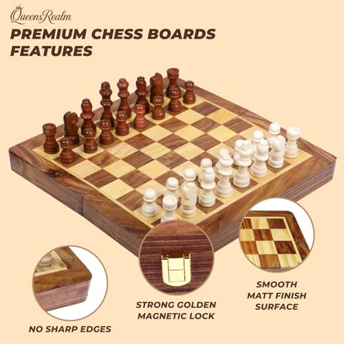Image of QueensRealm 12 Inch Sheesham Chess - Handmade Magnetic Chess Board Set with Magnetic Wooden Chess Pieces | Premium Foldable Chessboard for Kids & Adults for Indoor Outdoor Chess Set (12 x 12 Inch)