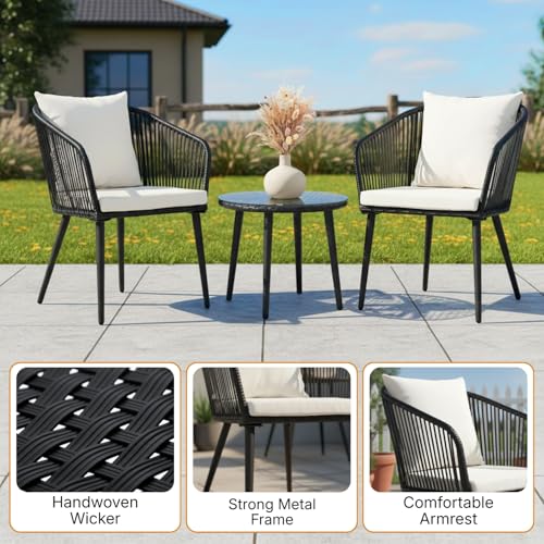 Image of DEVOKO 3 Piece Patio Wicker Bistro Set Durable and Stylish Furniture Ideal for Terrace, Garden, Balcony, Porch, Deck and Yard (Black and White)