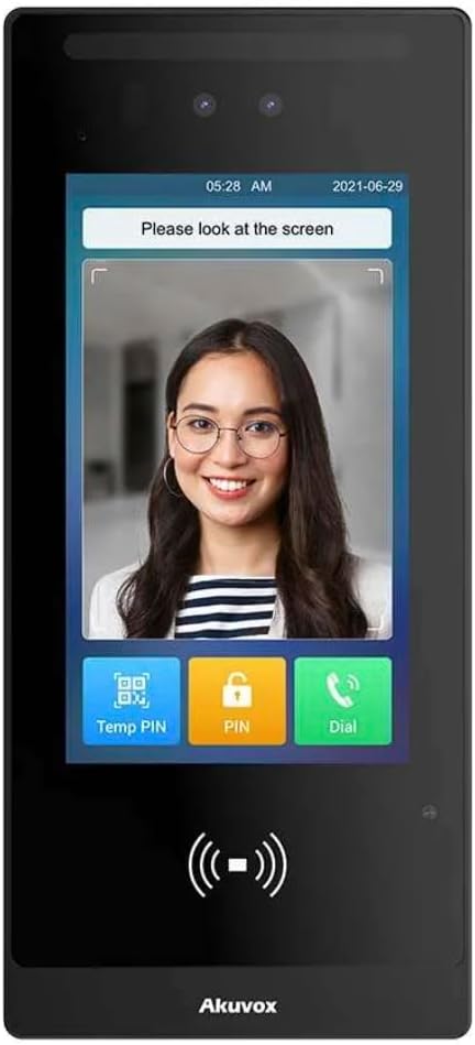 Front view of the E18C Smart Access Control device displaying a facial recognition interface.