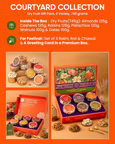 Image of Hyperfoods Rakhi for Brother with Gift Dry Fruits 745g RawFruit Courtyard Collection Pack of 6 Dry Fruits Gift Box Rakhi Set of 3 Gift Hampers DryFruits Gift Pack Dryfruit Box for Gift Dry Fruit Box