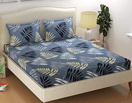 Image of Cotton Feel Glace Cotton Elastic Fitted Printed King Size Double Bed Bedsheet with 2 Pillow Cover (72 inchx78 inch, Grey Leaf)