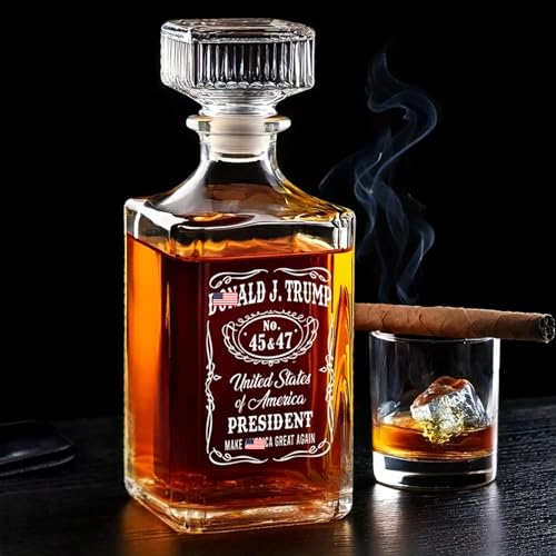 US Patriotic Pride Glass Whiskey Bottle 26oz Whiskey Decanter(Bottle Only) Political Republican Gift for Home Bar 47th President Supporters Fathers Day Gift (Distilled In Freedom)