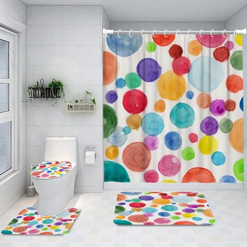 Image of Ansouyi 4Pcs Bathroom Shower Curtain Sets with Non-Slip Rugs, Toilet Lid Cover and Bath Mat, Kids Colorful Polka Dot Durable Waterproof Shower Curtain for Bathroom Set with 12 Hooks