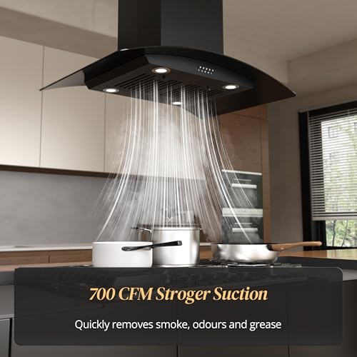 FIREGAS 36 inch Island Range Hood 700 CFM, Ducted/Ductless Convertible Stove Hood3-Speed Fan, LED Lights, Button Control Ceiling Mount Range Hood Vent for Kitchen - Thumbnail 2