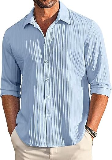 Helken Men's Casual Button Down Linen – Long Sleeve Textured Summer Beach Shirt – Men's Fashionable Lightweight Breathable...