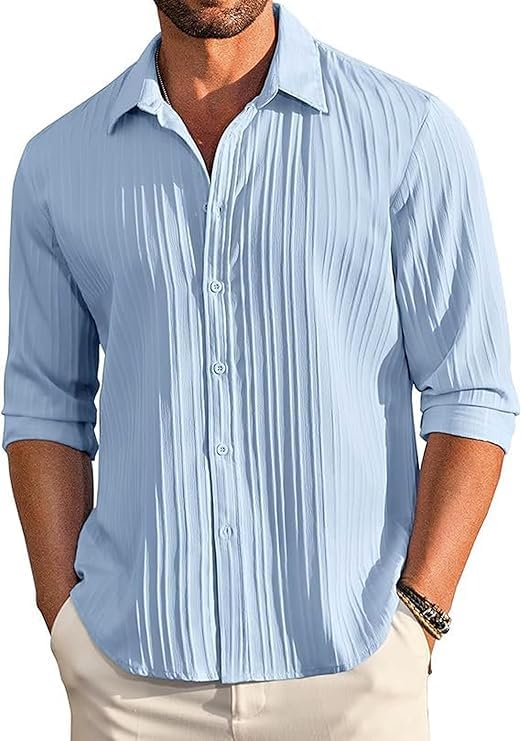 Image of Men's Casual Button Down Linen - Long Sleeve Textured Summer Beach Shirt - Men's Fashionable Lightweight Breathable Stylish Fancy for Vacation