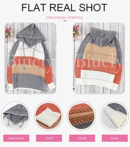 Shewin Womens Striped Color Block Lightweight Knit Hooded Sweater Casual Long Sleeve V Neck Drawstring Hoodies Pullover Sweatshirt Fall Outfits For Women,Us 16-18(Xl),Grey #TOP3