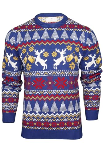 Xact Men's Fair Isle Christmas Jumper Reindeers Drinking Beer Pint Knit Sweater Funny Novelty Xmas Knitwear Winter Pullover Crew Neck (Cheers Reindeer - Sapphire) XL
