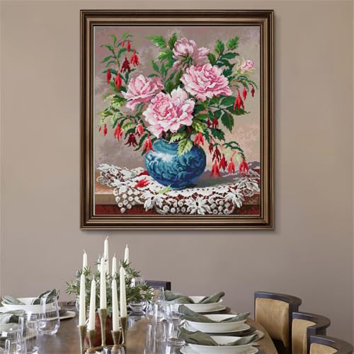 Image of JOYSEWING Cross Stitch Kits Flower Classic Series Stamped Embroidery Starter Sets for Beginners DIY Home Decoration 11CT-Oil Painting Printed (Roses and Fuchsia(11CT) 16.93x18.5 inches)