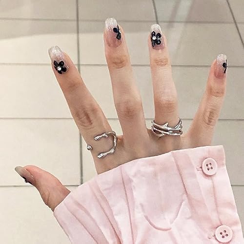 キャットアイ プレスオンネイル ショートコフィン 3Dブラックフラワー 人工爪 手作りフェイクネイル 再利用可能 貼り付けネイル 女の子用 10枚入り (ブラック, XS)