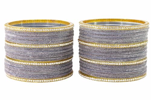 Image of NMII Fancy Glass Golden Zircon Diamond Stone & Velvet Finish Plain Bangles Set For Women & Girls | Glass Velvet Bangles | Kanch ki Chudiyan | Girl's Bangles Bracelet | Fashion Jewellery- Set of 32