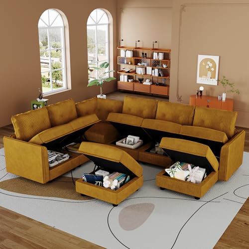Image of LLappuil Modular Storage Sectional Sofa with Ottoman, U Shaped 8-Seat Corduroy Couch with 7 Throw Pillows, Convertible Sofa Set for Living Room, Skin-Friendly & Soft, Scratch Resistant, Yellow