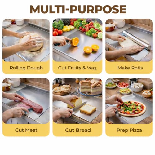 Image of Stainless Steel Chopping Board with Lip | Heavy Duty Cutting Board for Vegetables, Meat, Fish & Fruits | Non-Slip, Rust-Proof, Hygienic | Durable, Easy to Clean | Includes Rolling Pin