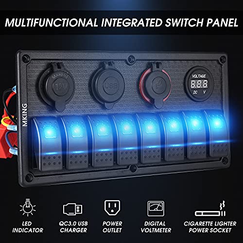Mking Marine Switch Panel, 8 Gang Waterproof Rocker Switch Panel,Boat Rocker Switches Waterproof With Circuit Breaker Usb&Typ-C Charger Digital Voltmeter Cigarette Socket 12V Blue Led Switch Panel #TOP1