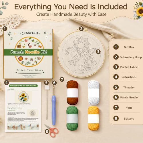 Image of CYANFOUR Punch Needle Kit for Beginners, Sunflower Punch Needle Kits Adults, Craft Kits for Adults with 2 Pre-Printed Fabrics, Embroidery Hoop, Threads, DIY Gift and Home Decor 20 * 20cm