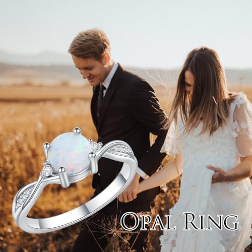 Opals Ring for Women 1 Carat 925 Sterling Silver Round Shape Opal Engagement Ring with Moissanite Promise Ring Valentine's Day Jewelry Gifts for Her,Ring Sizes 4-122