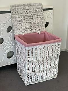 Home Delights New Large White Laundry Basket Pink Lining Bathroom Bedroom Storage Clothes Bag Basket Bin